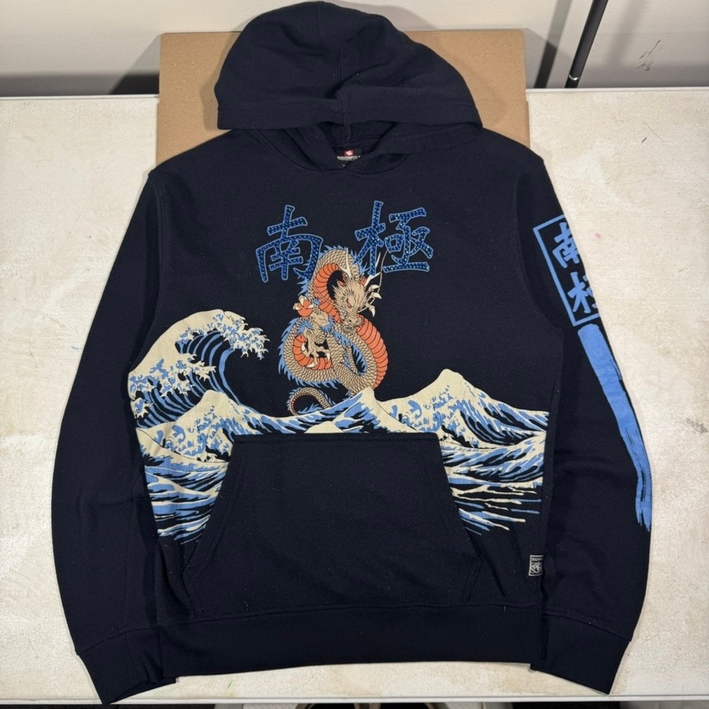 Southpole Mens Black Dragon Wave Graphic Hoodie Rhinestone Kanji Y2K Medium